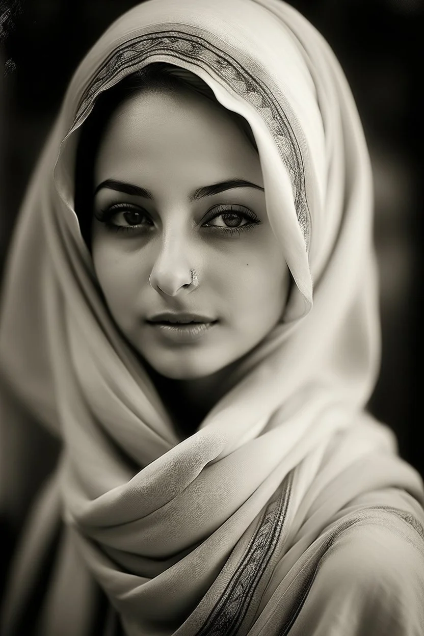 Draw me a picture of my beloved Mays, with beautiful big brown eyes, wearing her hijab, and with smooth, white skin