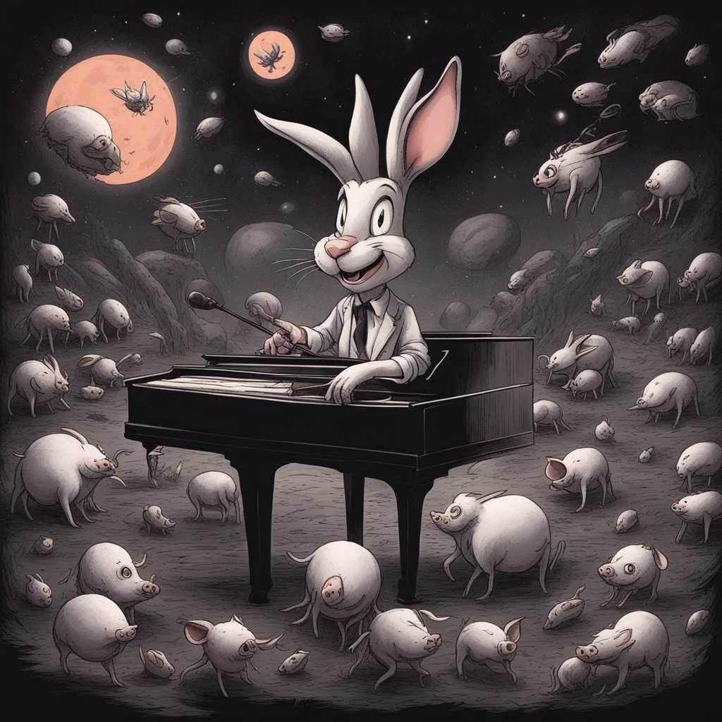 dark colours bugs bunny being a composer piano violin and is surrounded by swarm pig pig swinewasp swine pigpen pigsty on an diffrent planet cosmos lovecraft