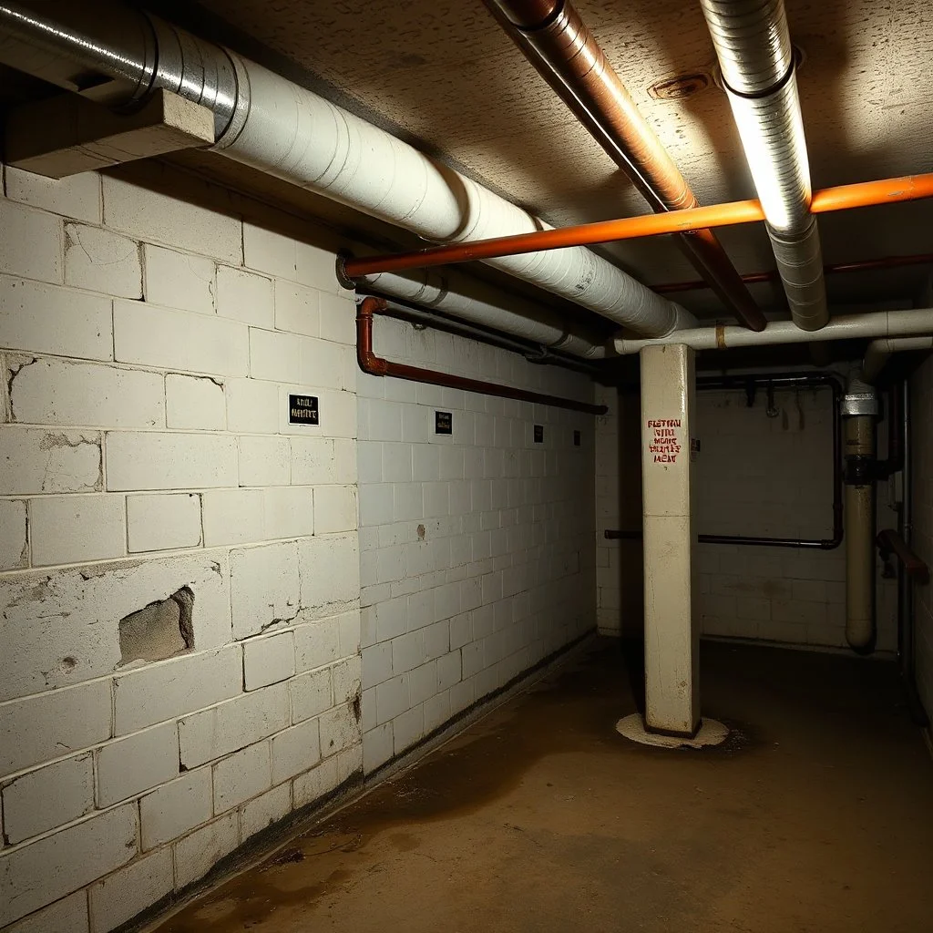 Photograph of a room, cellar basement, brutalist, pipes, signs, empty, details of the walls very accentuated, liquid, photography