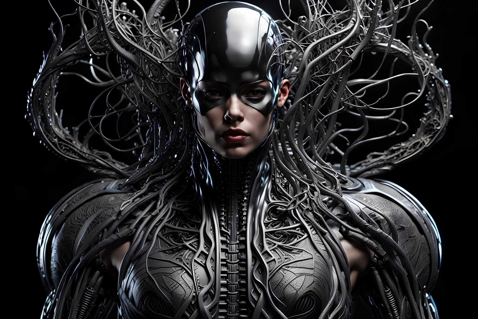 3D rendering of Expressively detailed and intricate of a hyperrealistic “humanoid”: glossy black, cyborg, HR Giger, bionic muscle and vines,single object, black background, octane render, 8k post-production, dendritic, artstation: award-winning: professional portrait: atmospheric: commanding: fantastical: clarity: 16k: ultra quality: striking: brilliance: stunning colors: amazing depth