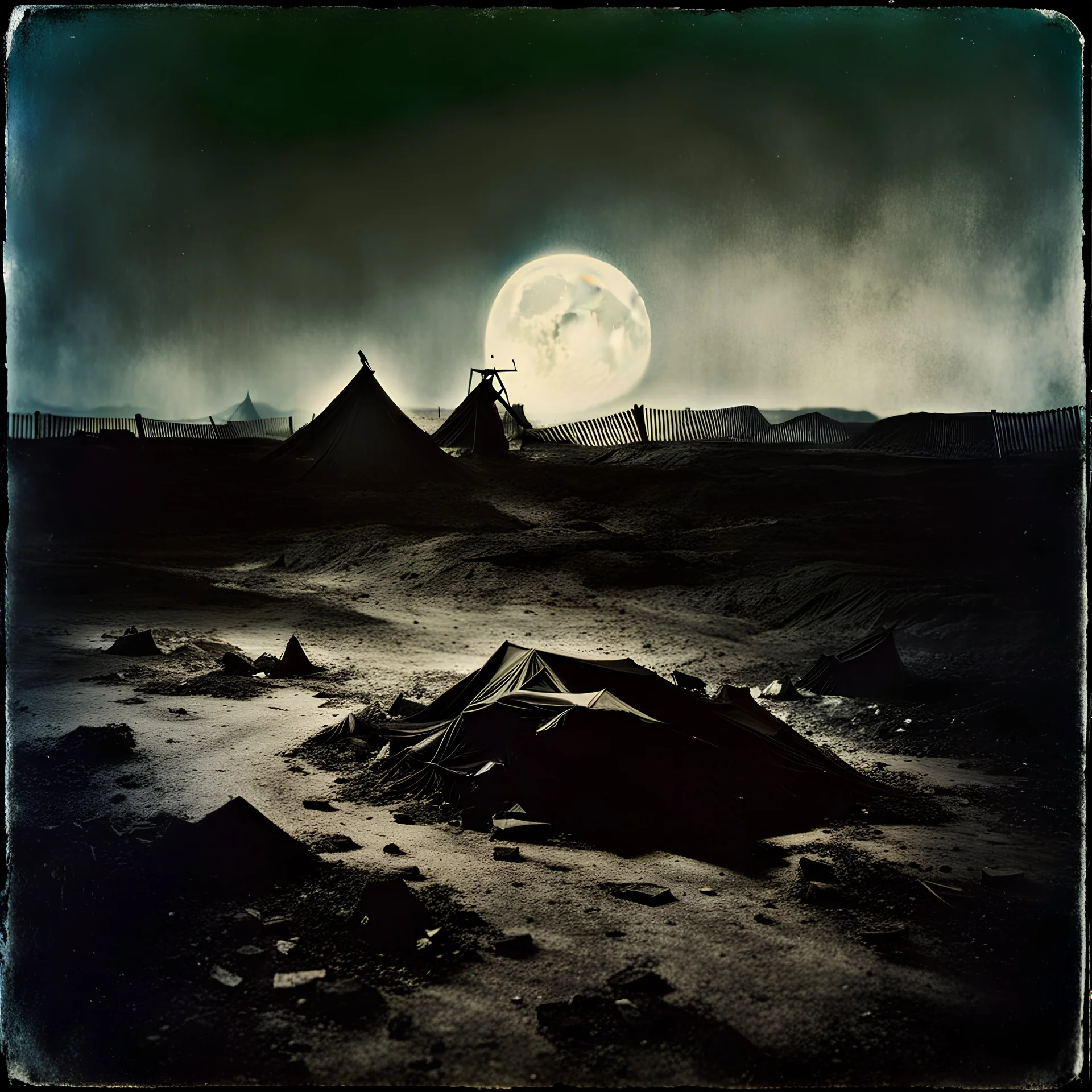 Photorealistic polaroid style nothingness and distress, wasteland night Max Ernst Hieronymus Bosch, creepy, volumetric light, movie shot, details, high contrasts, nightmare, hypermaximalist