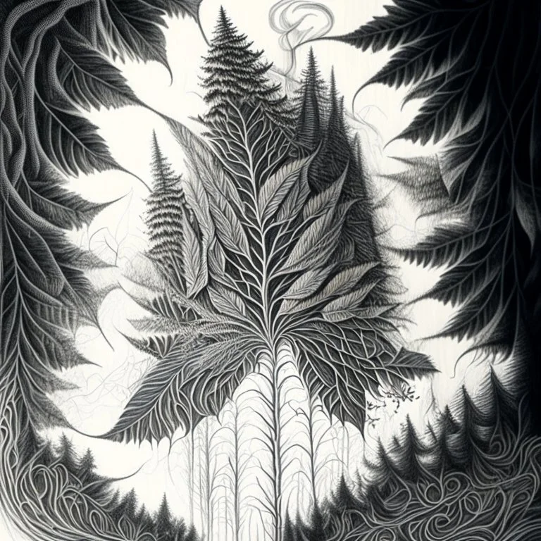 Sketch a composition where intricate smoke patterns transform into a forest of towering trees made entirely of crushed weed leaves, filling the canvas with a surreal and visually captivating asymmetrical patterns. Pencil Drawing