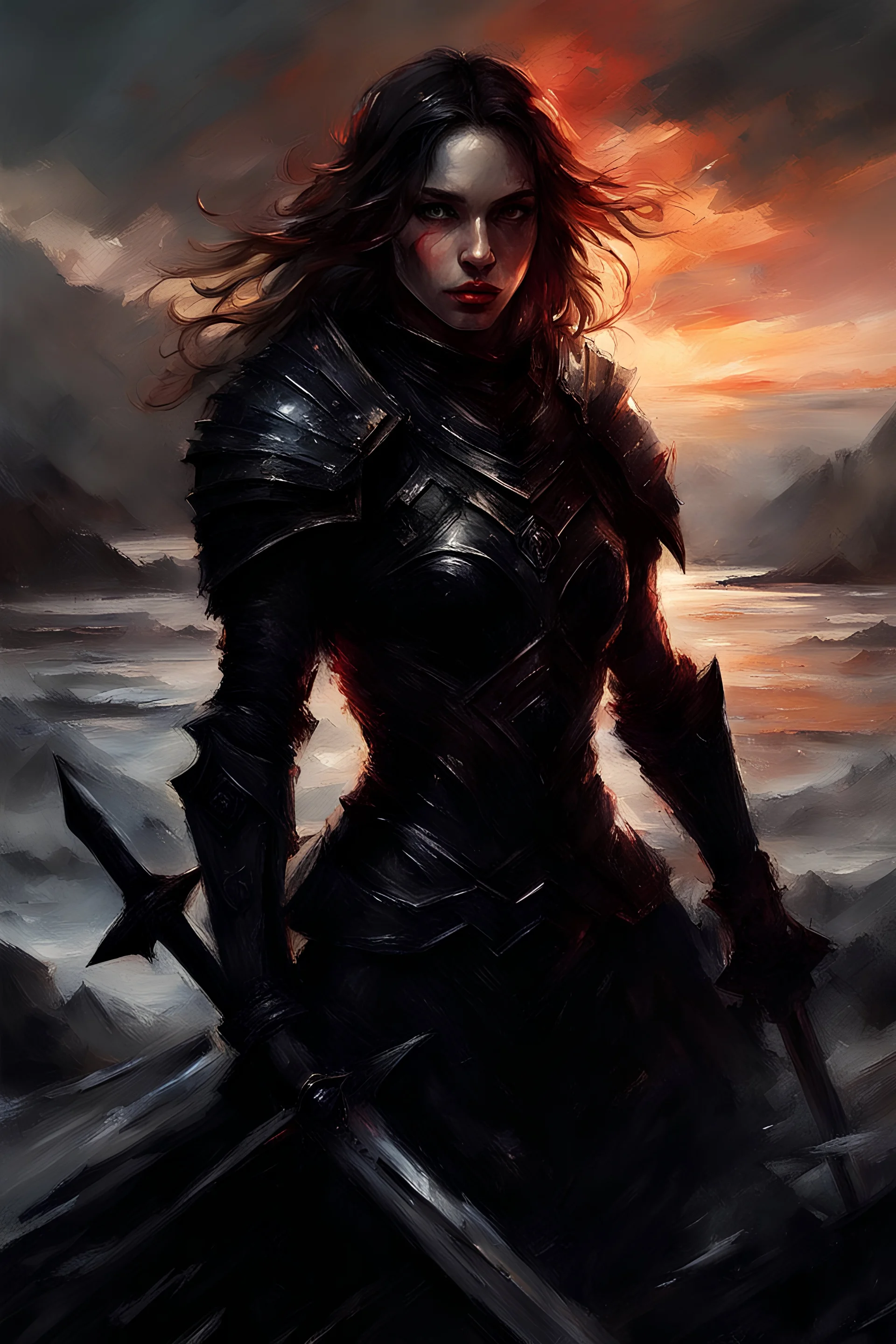 A formidable warrior girl in black armor, on the background Amazing gloomy landscape, flooded with sunset, mountains, trees, fabulous scary hero, , juicy emotions, painting, dark fantasy, bad weather, gloomy day, dark world, by Raymond Swanland & Alyssa Monks & Anna Razumovskaya