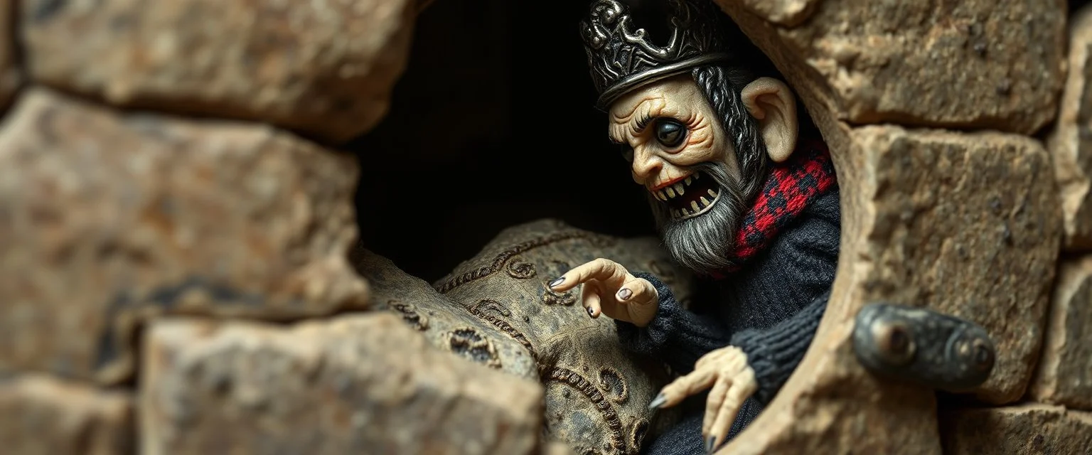 pin hole picture, miniatures on fake scene,master oil painting by Rembrandt, good afternoon disney bitch scary stone age vampire king, close up on a stupid knitted doll trying to explain something weird, in the style of HR Giger