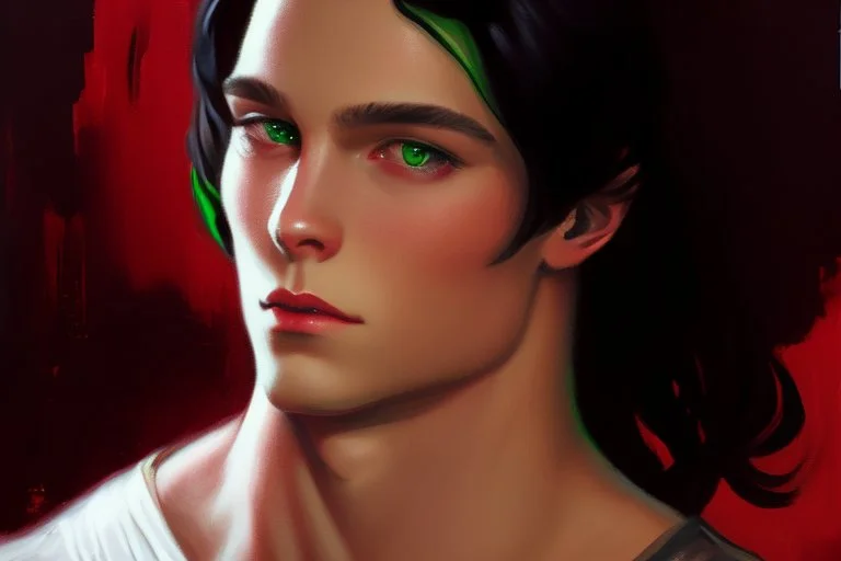 a young male with shoulder length black hair and green eyes