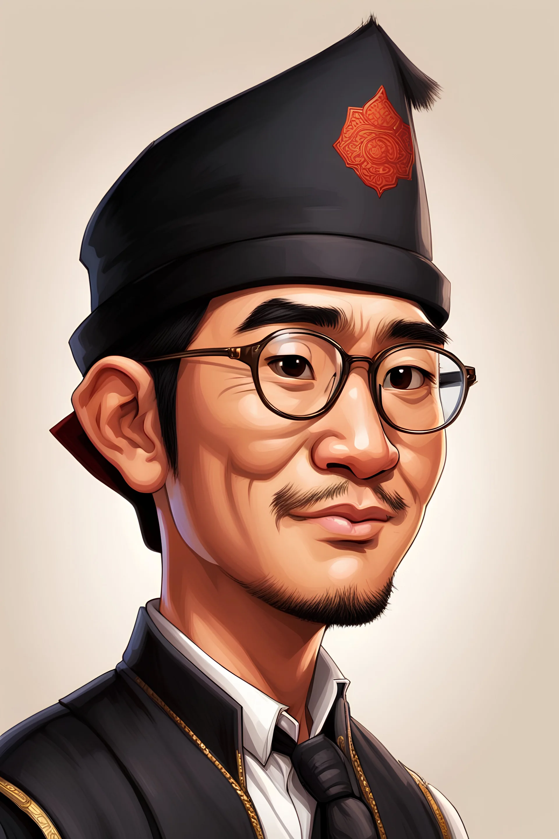 profile cartoon image from photo, with glasses, bold, wearing a Fez and a black vest, asian, male