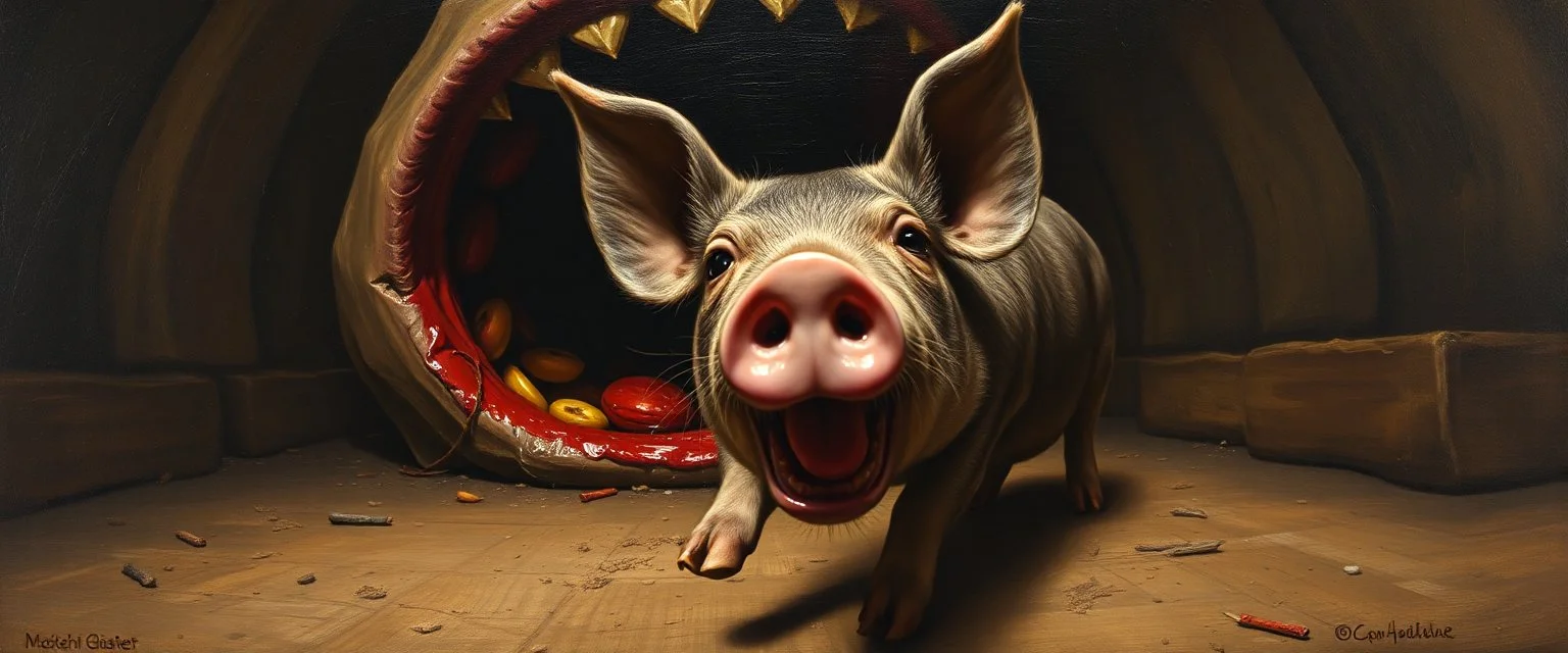 pin hole cam, master oil painting by Rembrandt, chocolate pig runs in panic in front of a big red mouth