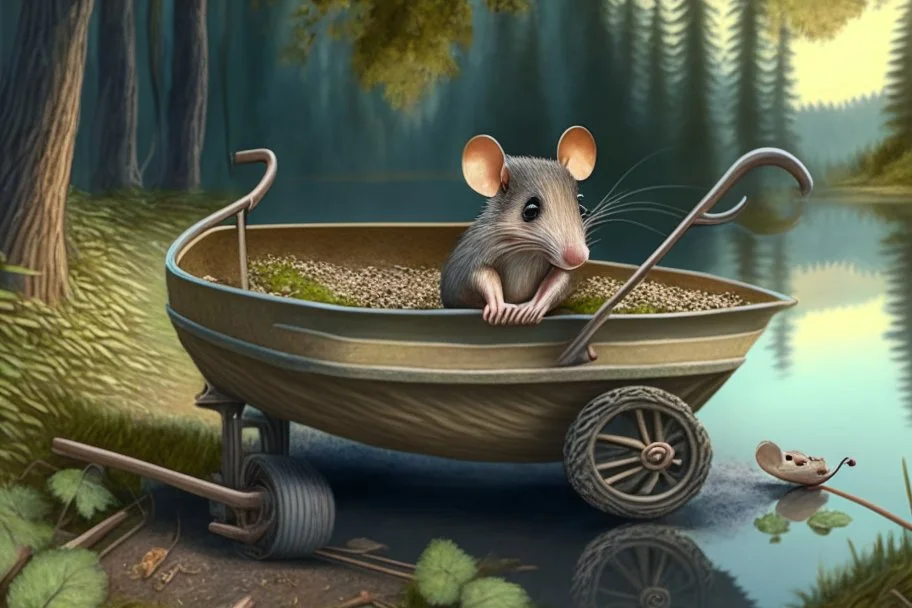 mouse in wheelbarrow, in forest by lake, book illustration, fine detail, 4k