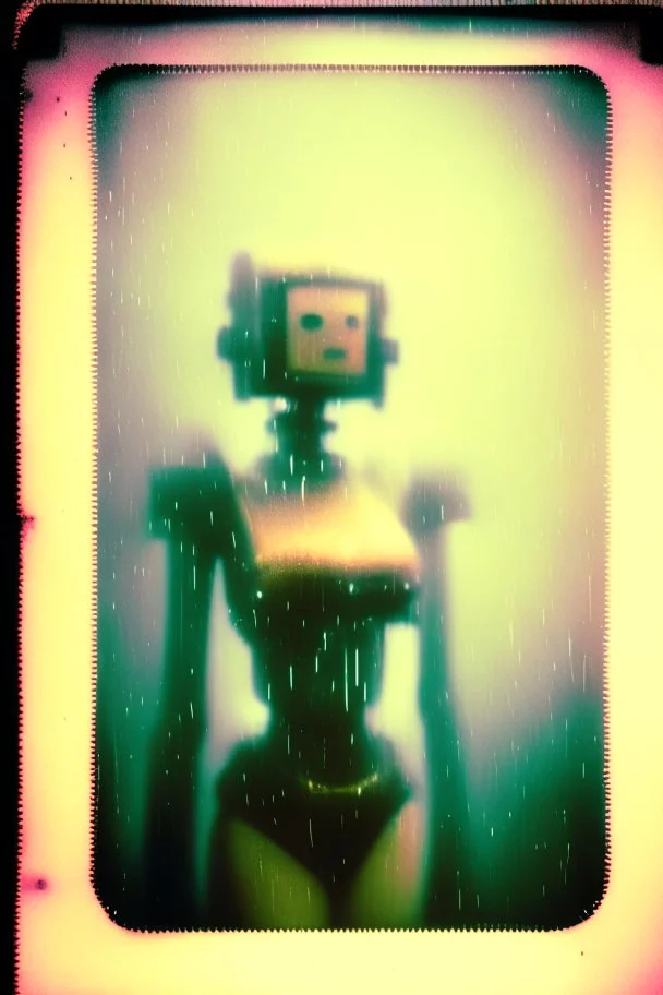 steampunk, vintage analog polaroid of a woman robot, female body, fog, lomography, heavy film grain, rain, color bleed, depth of field, bokeh, retro