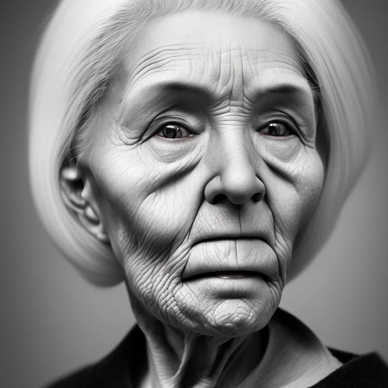 beautiful black and white photo portrait of an old woman white hair