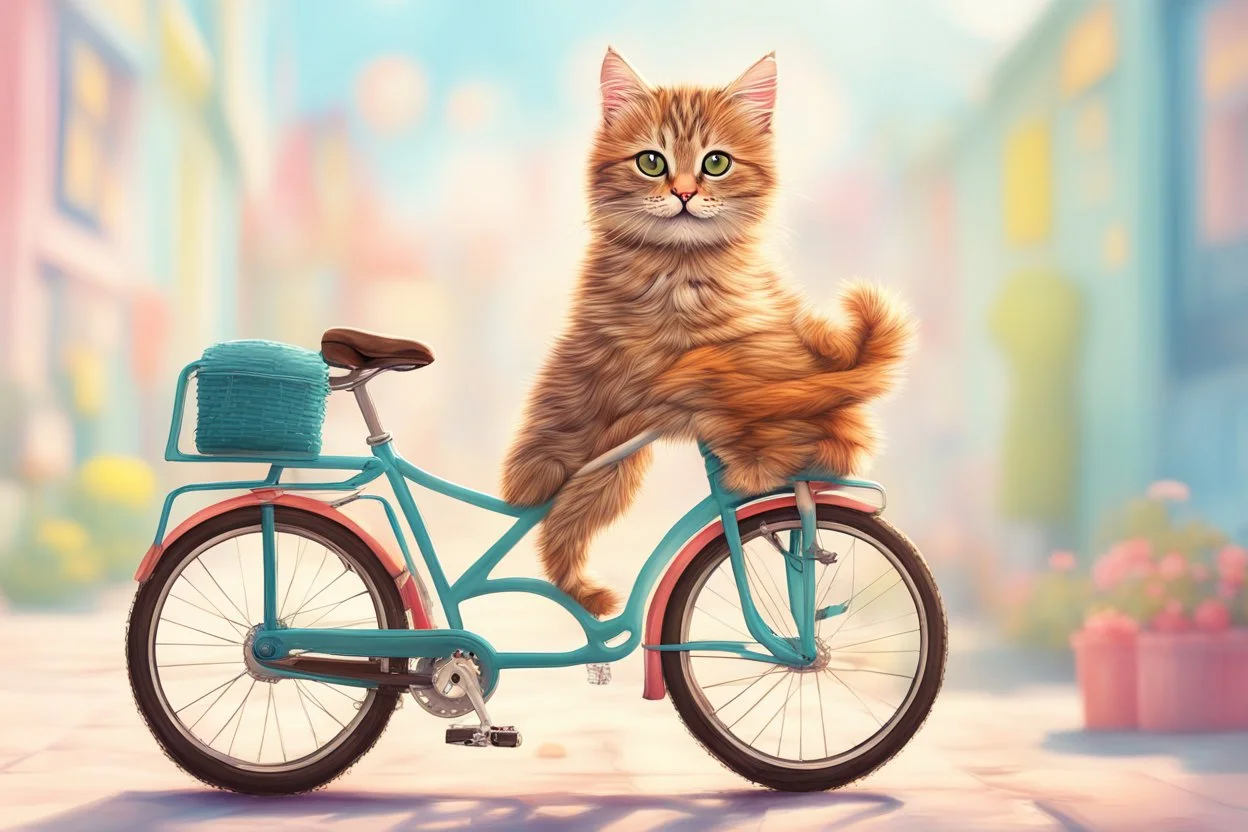 Fluffy tabby cat, adorable kitten, miniature bicycle, whimsical scene, playful concept, vibrant colors, detailed fur texture, charming expression, dynamic composition, cartoonish style, digital art, creative and imaginative, bright and lively palette, joyful atmosphere, skillful rendering, high resolution, skillful lighting to enhance cuteness.