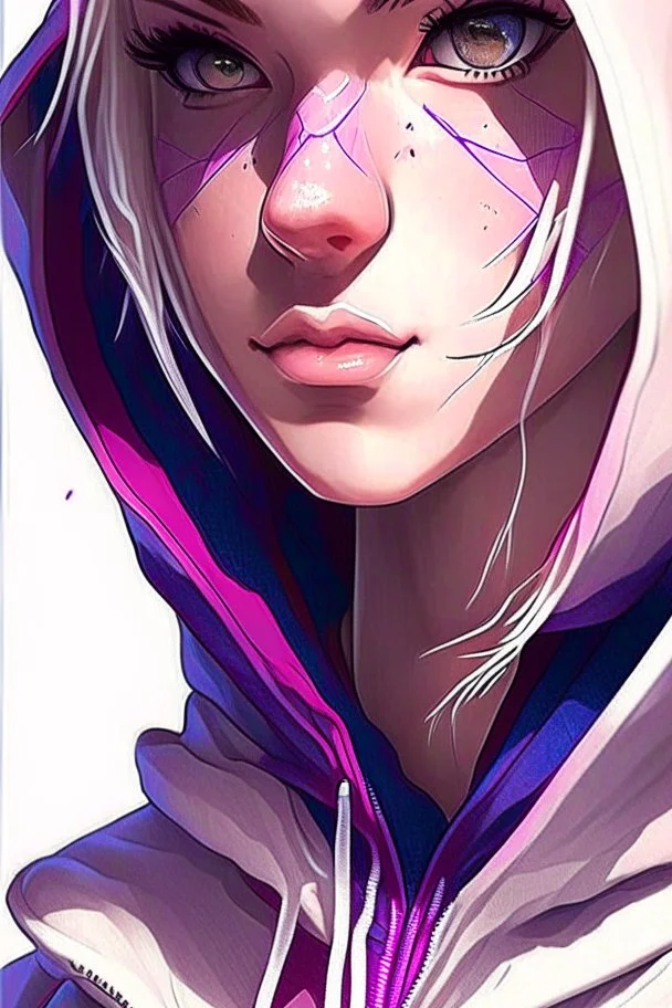 a close up of a person wearing a hoodie, artgerm on artstation pixiv, artgerm. anime illustration, artgerm comic, artgerm and lois van baarle, wlop | artgerm, trending artgerm, style of artgerm, extremely detailed artgerm, spider-gwen, spider - gwen