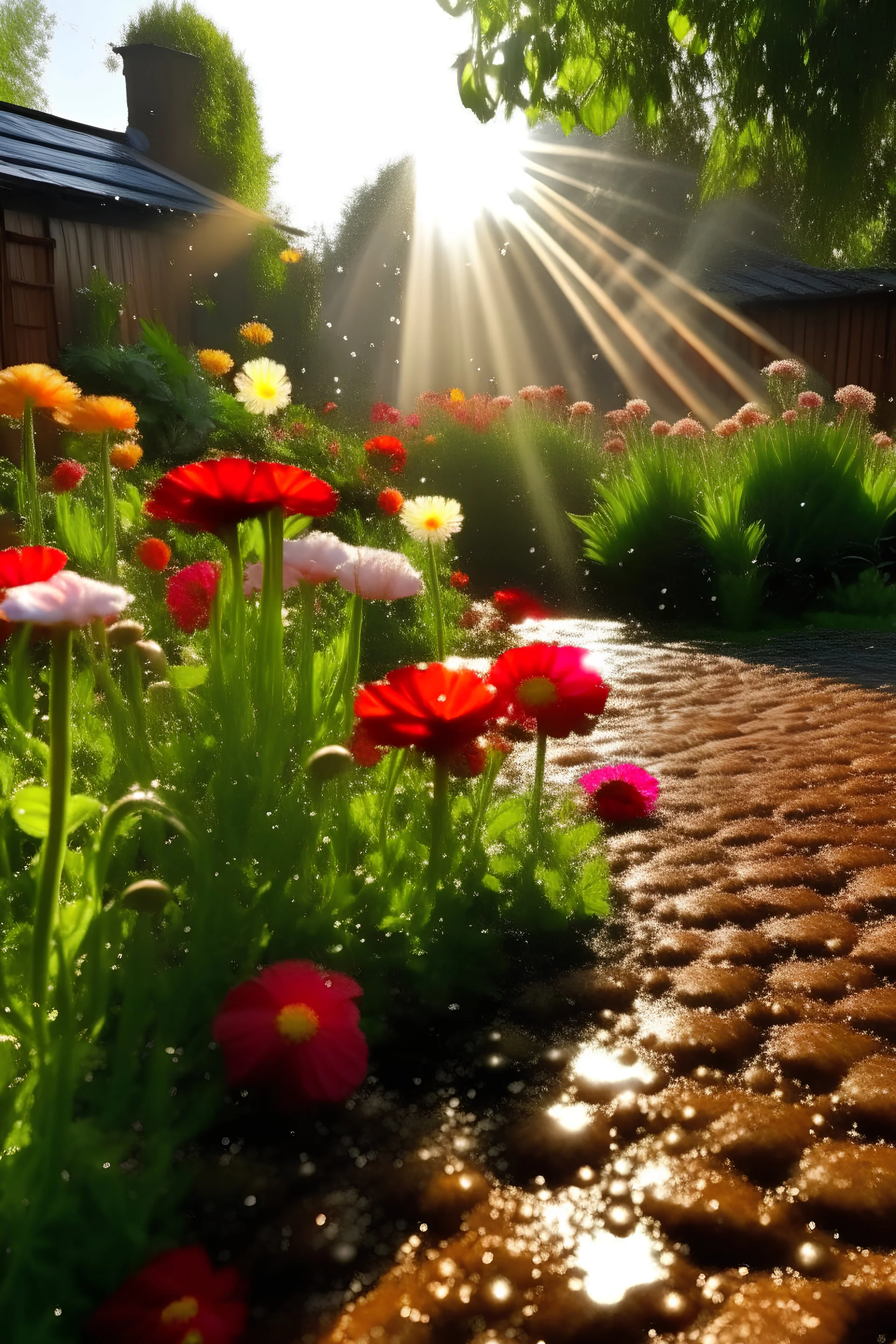 paisaje de un jardin en Holanda, un dia soleado, mostrando gotas de rocio en los petalos de las flores, con rayos de sol atravesando el paisaje