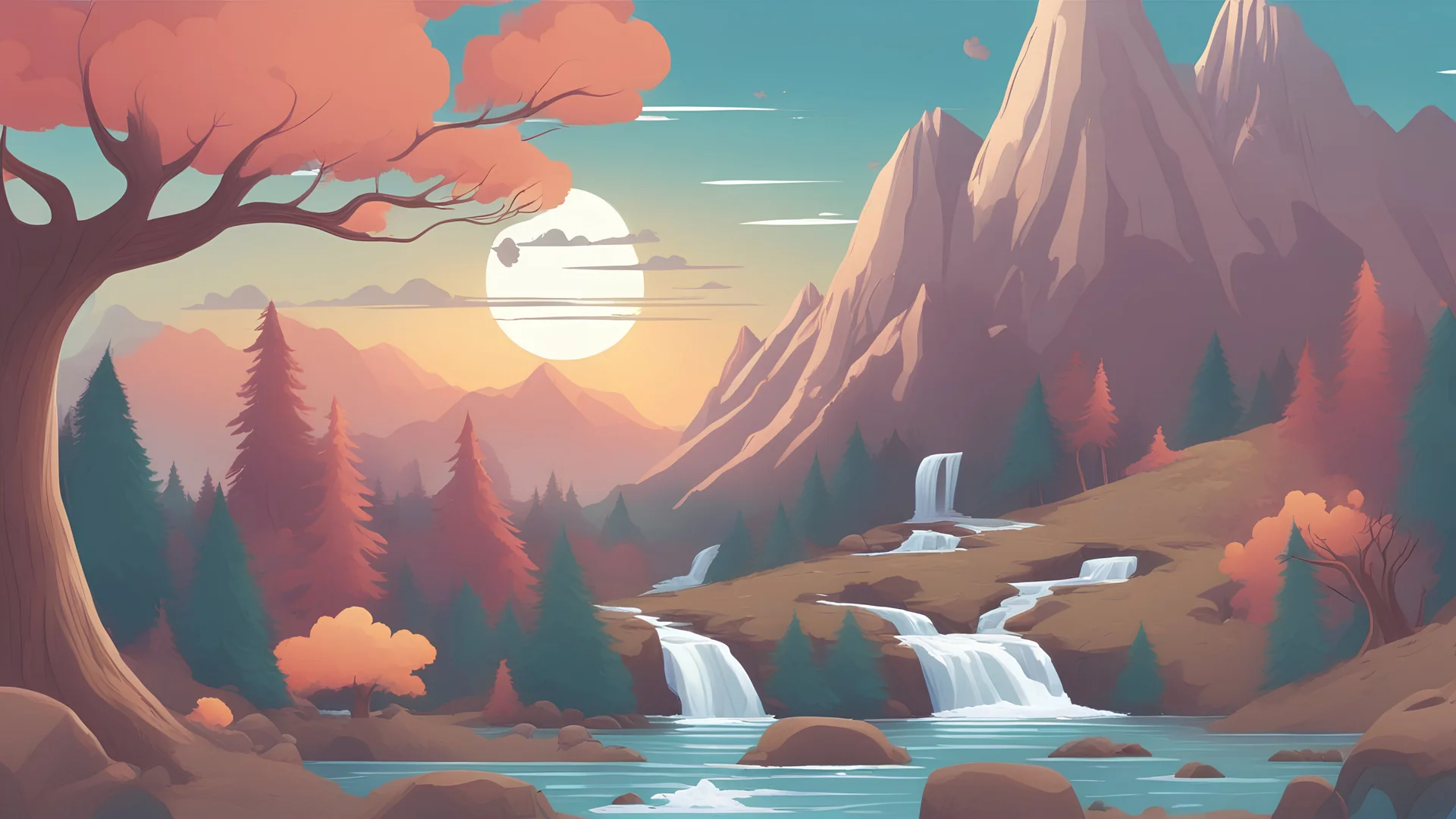 A picture showing a magical forest, waterfalls, animals, snowy mountains, and a beautiful sunset style cartoon