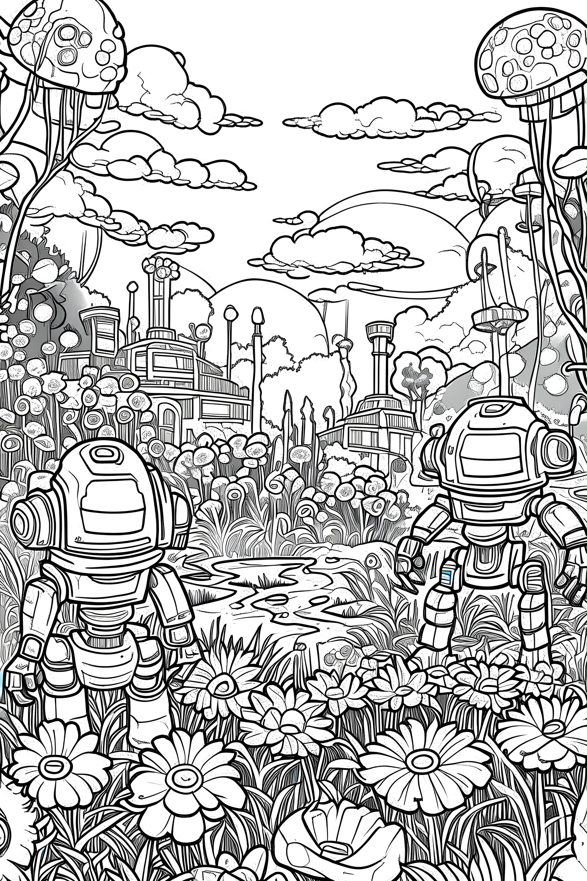 Picture of garden where the RoboFriends grow virtual reality flowers. For coloring in book, thick lines,no background