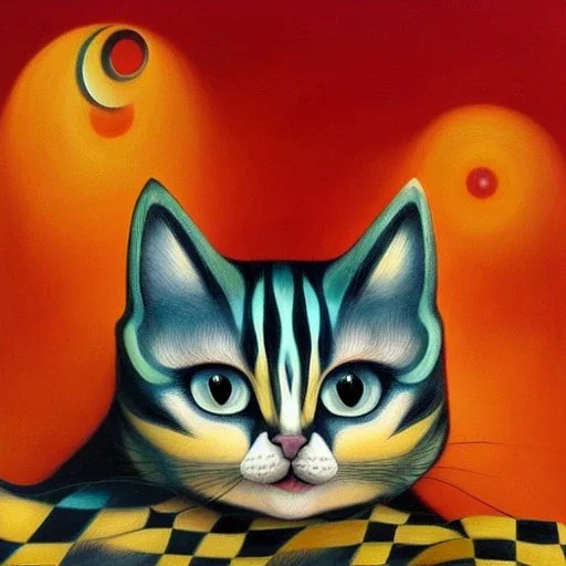 prompt, Fantasy harlequin cats by Louis Wain, by Catherine Abel, by Gediminas Pranckevicius, fantasy, oil on canvas, beautiful, high details, ultra detailed, crisp quality, colourful, high definition