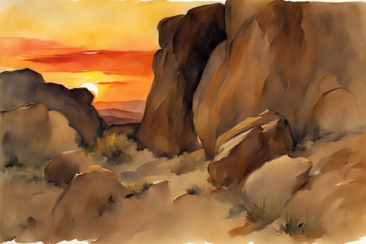 Sunset, rocks, mountains, rocky land, epic, john singer sargent watercolor paintings