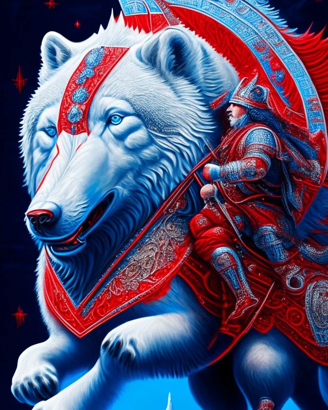 Wolf antropomorfico montado un oso gigante, arte lineal colores rojo, plateado, azul y blanco, maximalista, hiperdetallado