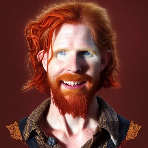 Portrait of Courtney Gains as a ruggedly handsome but joyful roguish pirate, charismatic, attractive male, masculine, perfect, precisely detailed, lightly freckled face, meticulously detailed multi-hued ginger carrot colored cherry fire red hair; Malachai of the corn; fantasy, intricate, elegant, highly detailed, digital painting, artstation, concept art, matte, sharp focus, illustration, art by artgerm and greg rutkowski and alphonse mucha