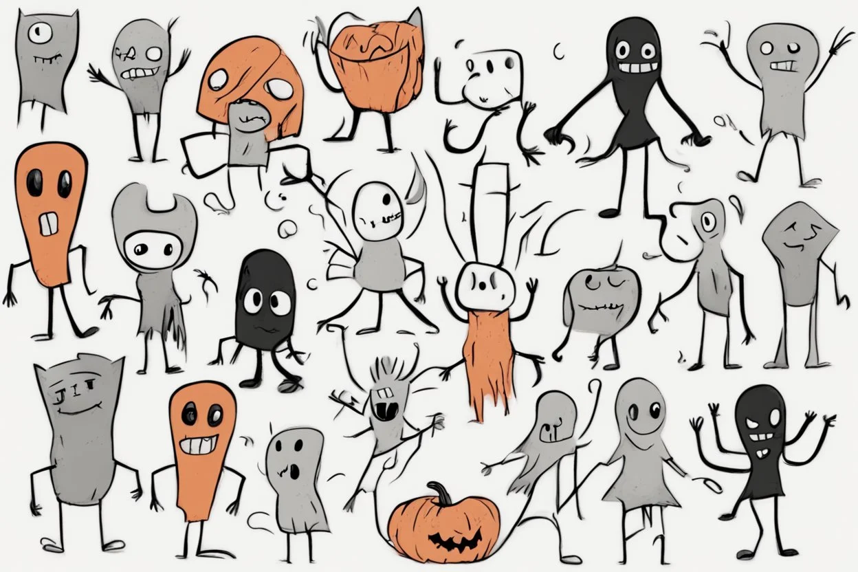 make a bunch of simple hand-drawn spooky and cute cartoon characters with bodies arms, and legs I could draw and make them all different