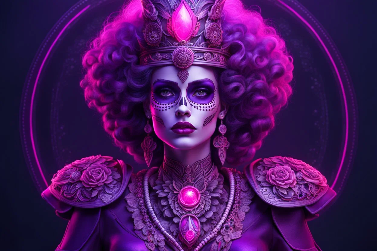 Queen of skeletons in 8k sci-art drawing style, pink skin, purple glowing eyes, the which custom, howdy, neon effect, intricate details, highly detailed, high details, detailed portrait, masterpiece,ultra detailed, ultra quality