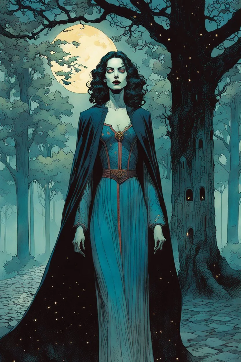 create a fine art print illustration of a 13th century Jewish female vampire clothed in an ornate bliaud with highly detailed feminine facial features, surrounded by ancient oak trees, in the old city of Krakow, shrouded in a fetid mist at midnight , in the comic book art style of Bill Sienkiewicz, and Jean Giraud Moebius, finely textured, drawn, colored, and inked