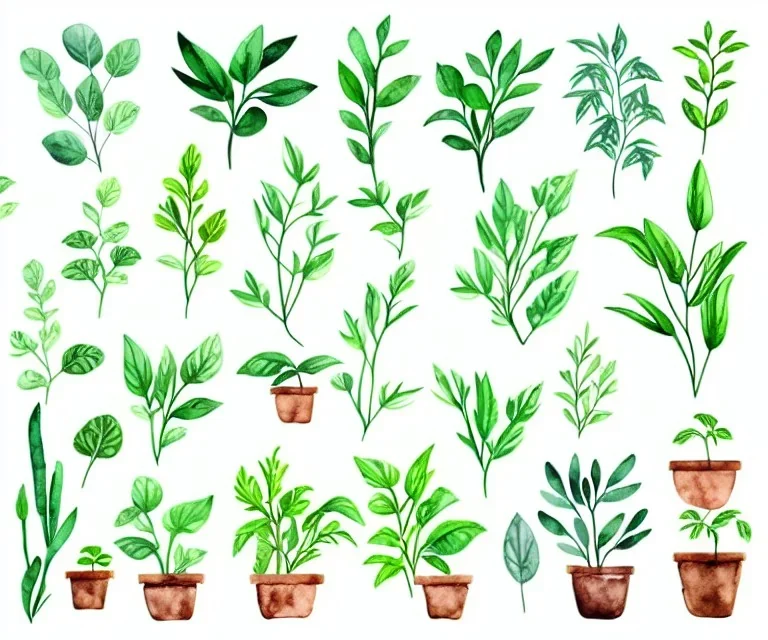 Vector plants and herb set illustration. Watercolor white backdrop