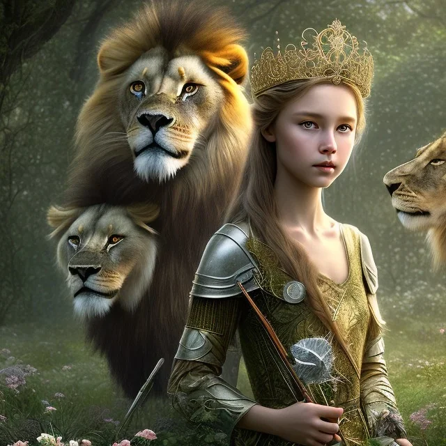 Young beautiful girl with floral crown standing next to a stunning lion on nature forest path, Chronicles of Narnia, 8k resolution, high-quality, fine-detail, iridescent, intricate, digital art, detailed matte, volumetric lighting, beautiful, illustration, 3D octane render, brian froud, howard lyon, selina french, anna dittmann, annie stokes, lisa parker, greg rutowski,