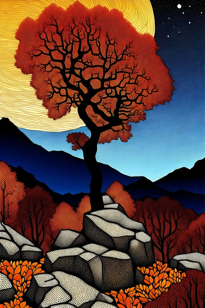Autumn colors, peaceful, Egon Schiele, Max Ernst, Vincent Van Gogh, silver rust gradient, night sky filled with galaxies and stars, rocks, trees, flowers, one-line drawing, sharp focus, 8k, deep 3d field, intricate, ornate
