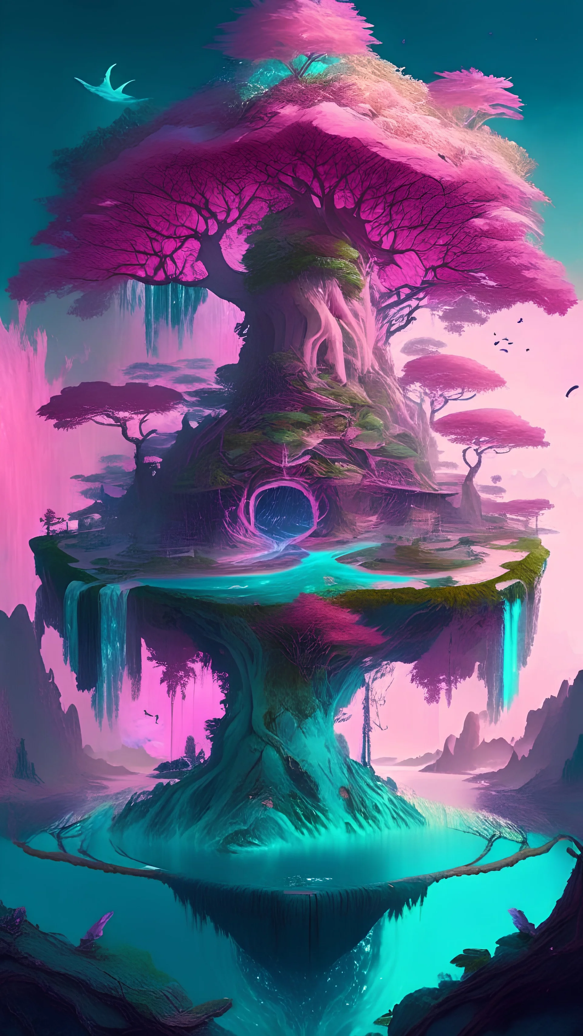 a place with a gigantic tree, the tree being the center of the realm, and having light symbols all over the trunk it has waterfalls all around from the pink and teal leaves which turn lowed into islands and so forth, a dimension with many floating islands including one made from water