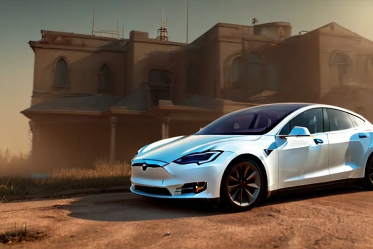 A Tesla 'Model S' is parked, inside "The War of the Worlds" (of H.G. Wells). (CINEMATIC, WIDE ANGLE LENS, PHOTO REAL)