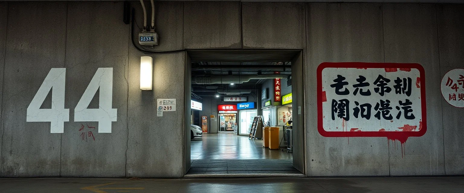 background of wall(wet textured concrete, gray, old, cracked, stained, 1 wall light) from underground parking, hong kong style, a large number "44" painted on left(old faded paint), at middle is an opening into an area with asian shops, cyberpunk, to the right of opening a faded painted rectangle containing alien language for obey