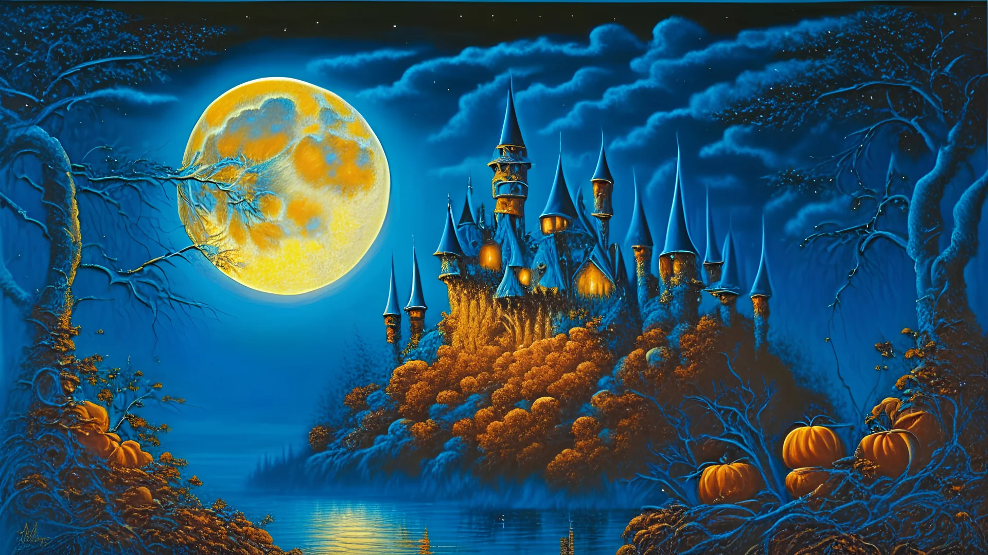 A fantasy like painting of a castle featuring a castle under a full moon. The style should be hyper-detailed and psychedelic, using dark cyan, pale yellow, and orange hues, with intricate, tangled nests and cabin core. The artwork colorful and have a vivid visual impact. Highly detailed, character illustrations. seed 777. Photorealistic Ultra HD 32k, --AR 16:9, --v 5.2, -- s 55, Ultra HD 32k, --CHAOS 350.