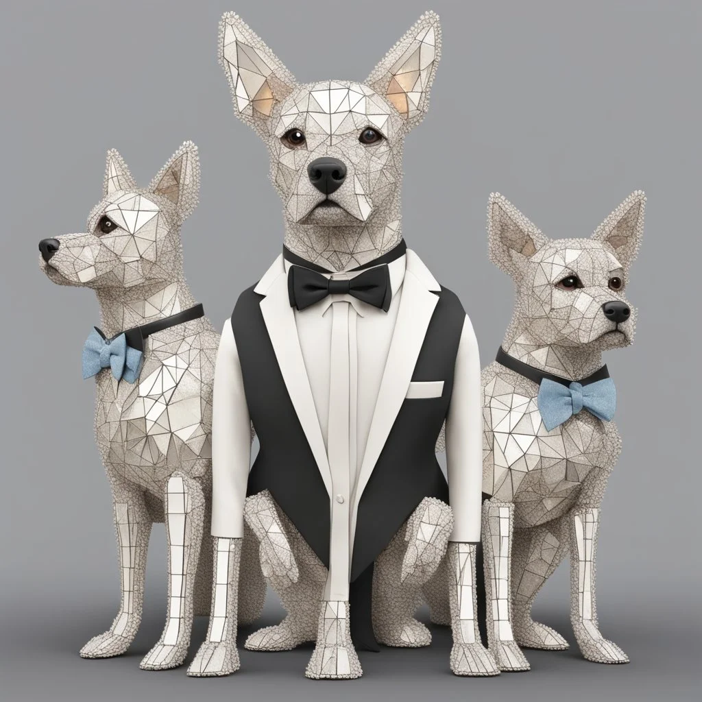 make one realistic business dog that is made of shapes and has a suit on looks a little like crystals with arms