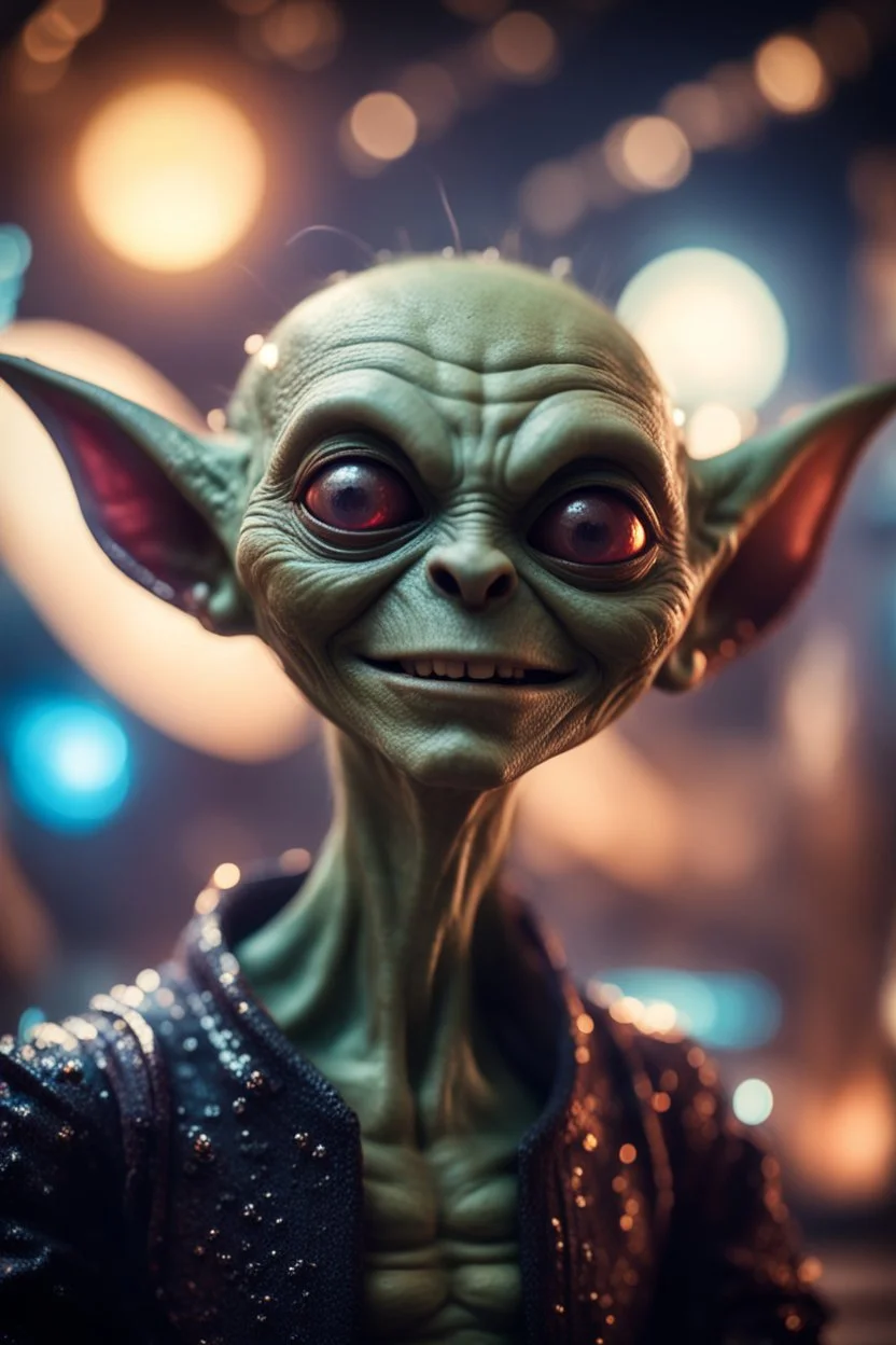 portrait through dirty warped lens of ultimate transcendent happy chat gremlin vampire alien frown with spotlights, in front of space portal dimensional glittering device, bokeh like f/0.8, tilt-shift lens 8k, high detail, smooth render, down-light, unreal engine, prize winning