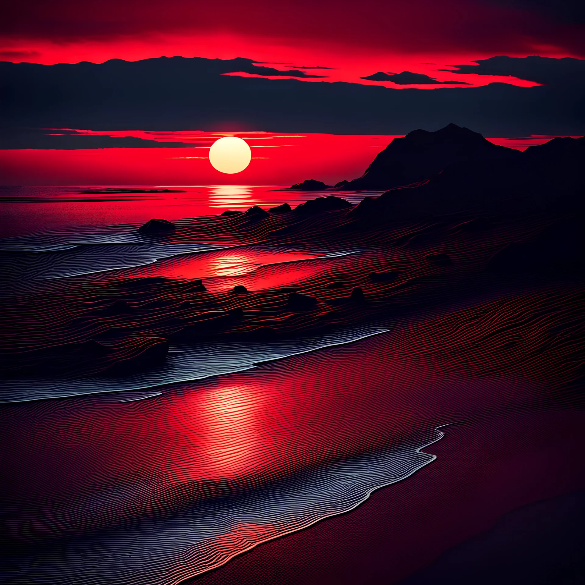 Beautiful dark red sunset over the sea shore at night, intricate, amazing, beautiful, realistic, ultra-high resolution, wide angle, depth of field, dynamic lighting –ar 1:2 –v 5