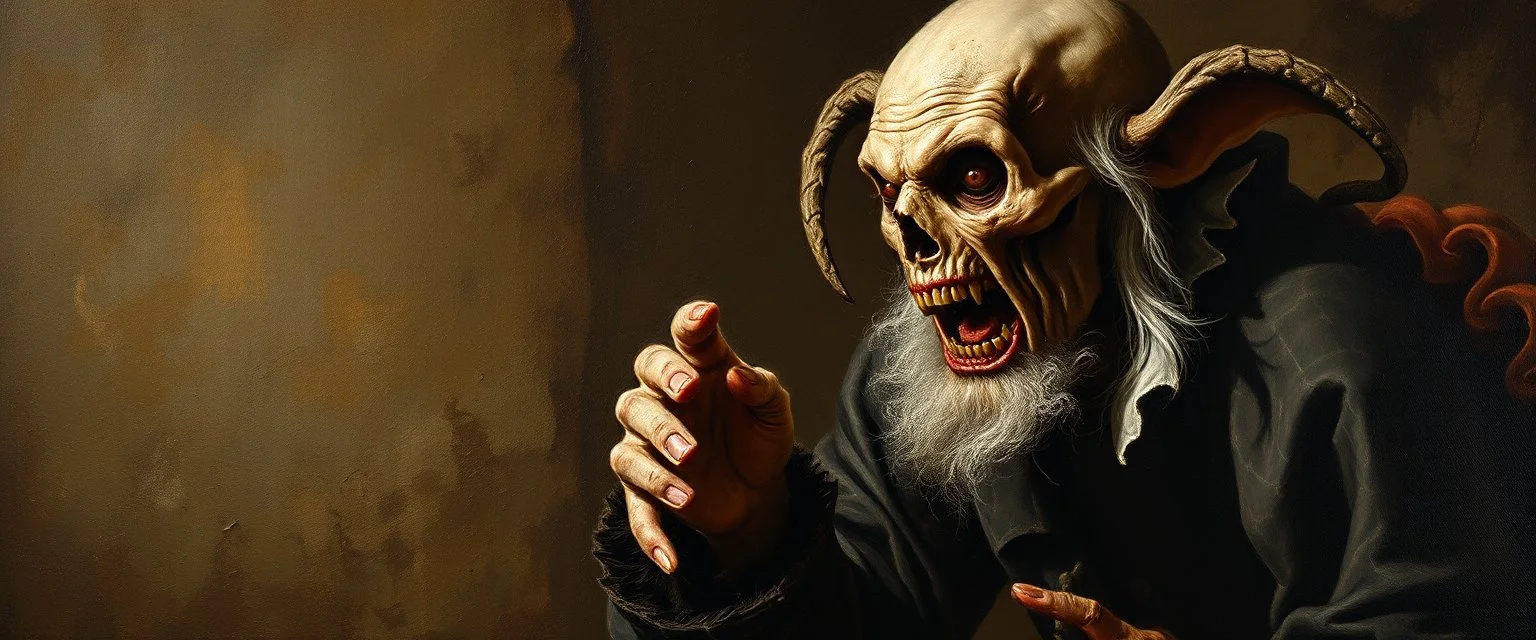 master oil painting by Rembrandt, good afternoon bitch scary stone age vampire