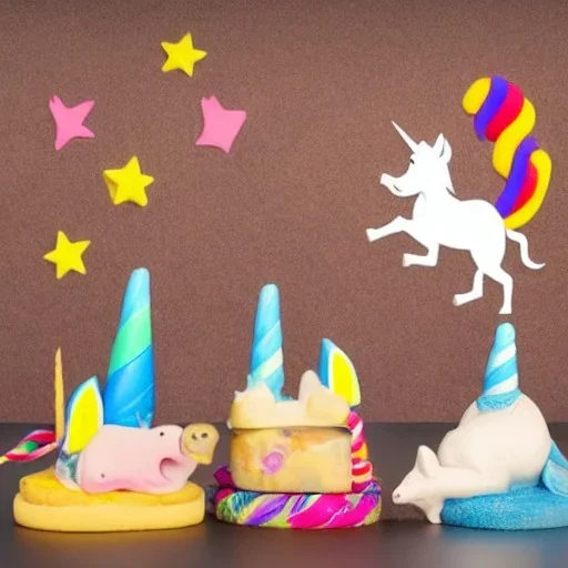 unicorn flying on a dog milkshake in the sky with a mouse eating cheese and a chicken dancing with a cookie