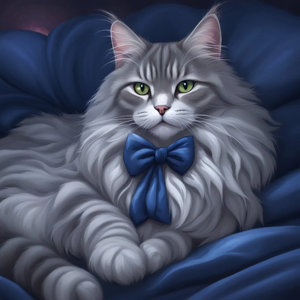 A Main Coon cat gray and white on a midnight blue velvet pillow and wearing a berry bow around her neck. Illustrative art, art interpretation, concept art, cgsociety contest winner, seasonal art, seasonal art HD, 4k, 8k, intricate, detailed, intricately detailed, luminous, translucent fantasy crystal, holographic data, soft body, shadow play, light, fog, atmospheric, cinematic, light film, hyper-detailed, hyper-realistic, masterpiece, atmospheric, high resolution, 8k, HDR, 500px, mysterious and