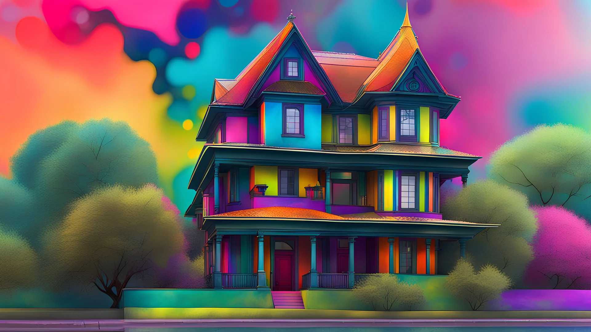 a fractal house made of (Mandelbrot set:1.7) on a (Mandelbrot set:1.6) street; side view, close-up, ink paint, tint leak, afternoon vibe, vivid bold colors