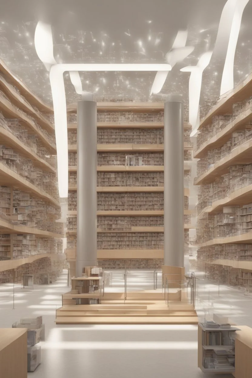 A modern library. Robotic book delivery, everything is automated. Cutting-edge library interior design. Everything is drawn in detail, in high resolution. 8k