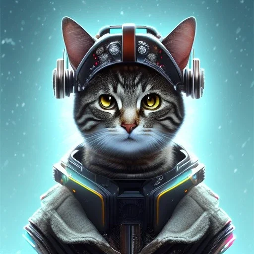 Cyberpunk Portrait of cyborg cat child with brown hair and with cute face, north pole snowy vibe , perfect composition, hyper realistic, super detailed, 8k, high quality, trending art, trending on art station, sharp focus, studio photo, intricate details, highly detailed, by Greg outskirt