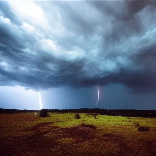  doom scenary. Heavy rain. Epic Lighting in the sky. Falling object from the sky. Meteorite burning in the distance.