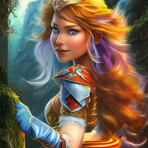 movie poster, A beautiful laughing elf with cutter, pool and letah from elfquest(by Wendy & Richard Pin) with very long hair, in mountains, shiny eyes