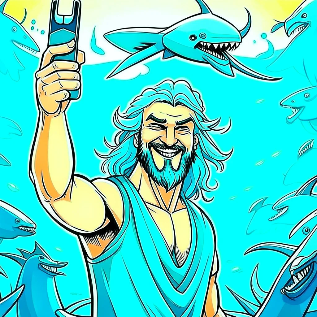 the sea god Poseidon, taking selfie with sharks, smiling, realistic, detailed,