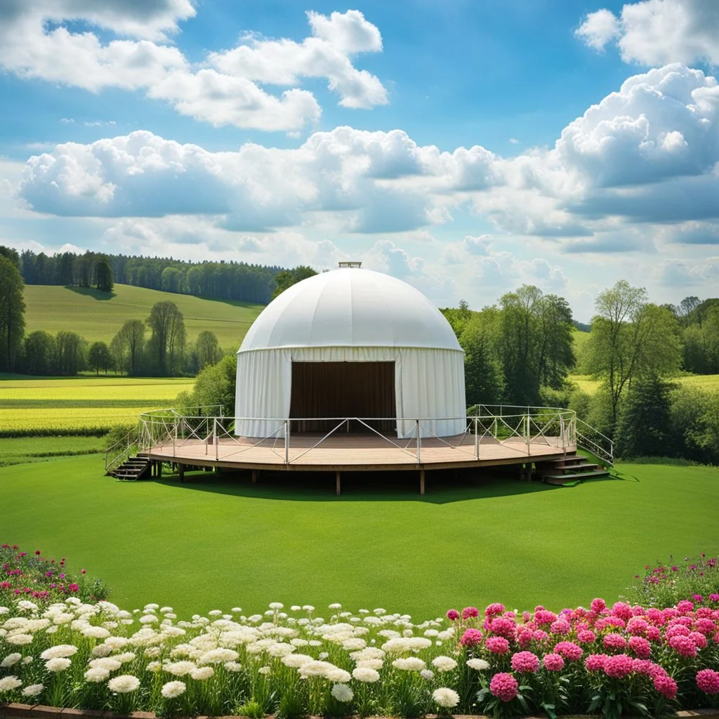 a big dance platform with decor mane in country side in center of picture ,green field ,flowers , small river,blue sky pretty clouds ,camera looking at horison