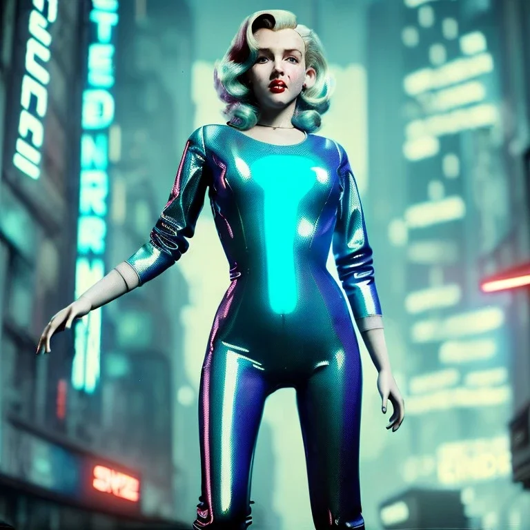 Realistic movie image, retro sci-fi, portrait, blonde action woman, sweet Marylin Monroe face, perfect iris, glow eyes. tight latex tights suit. City, blade runner movie style . epic style, soft color, highly detailed, unreal engine 5, ray tracing, RTX, lumen lighting, ultra detail, volumetric lighting, 3d, finely drawn, high definition, high resolution.