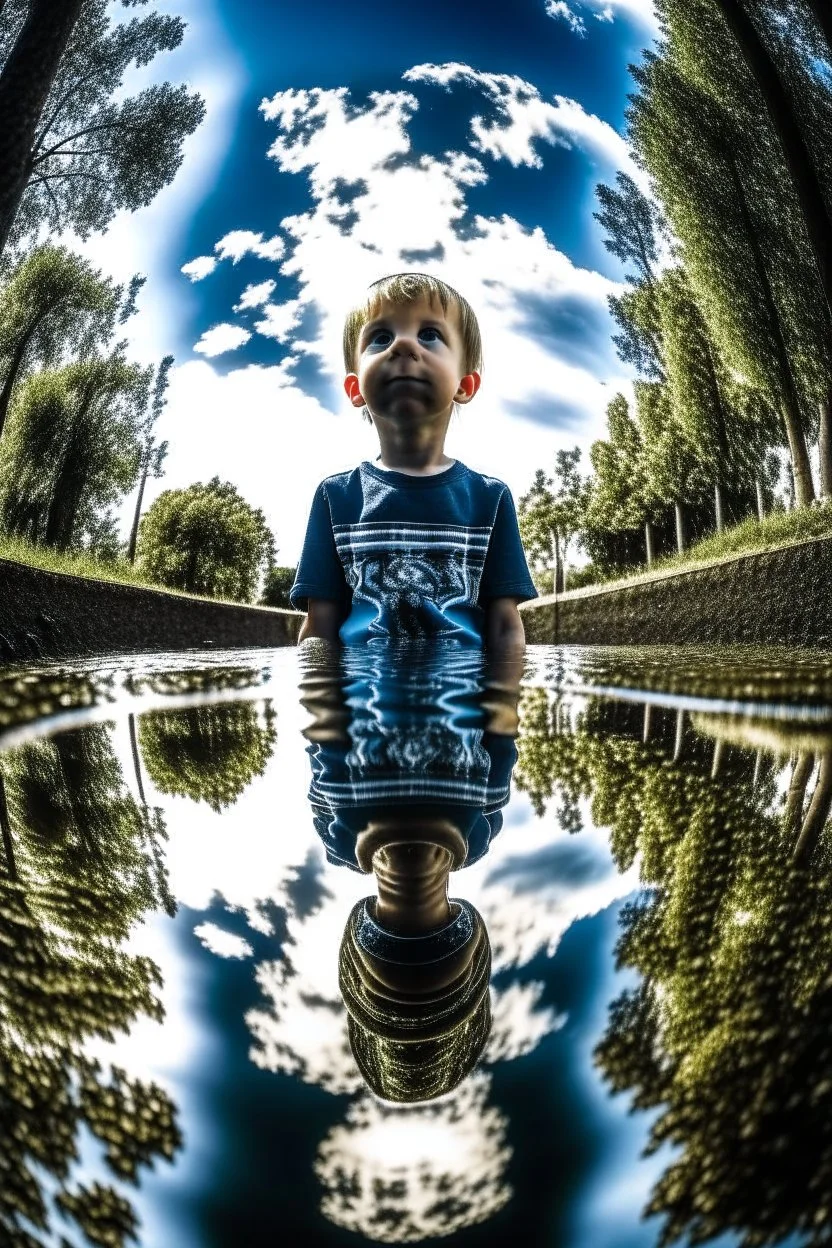 Reflection of boy in a puddle of water, low angle shot