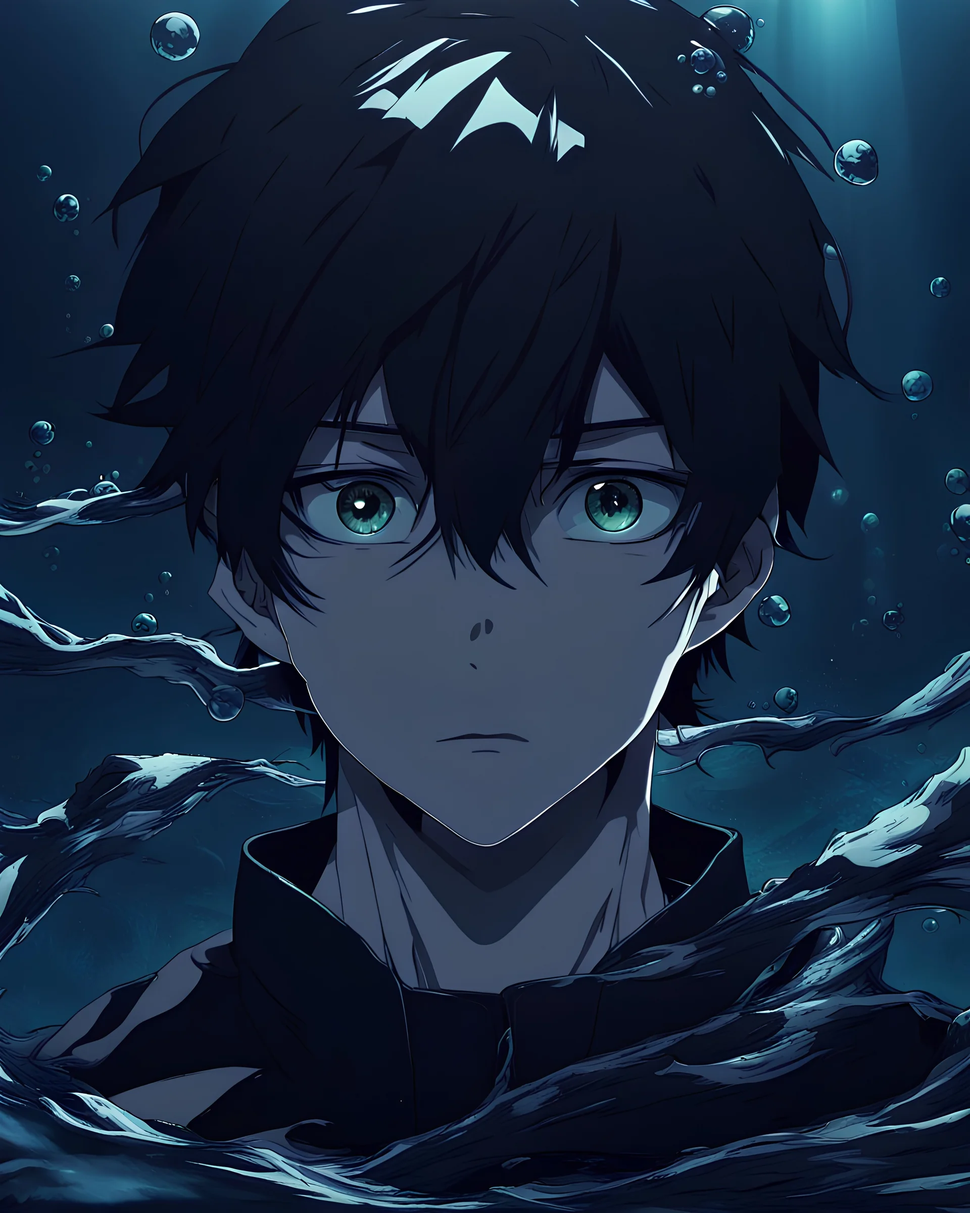 A young man under water with dark world all thing around him Black like anime