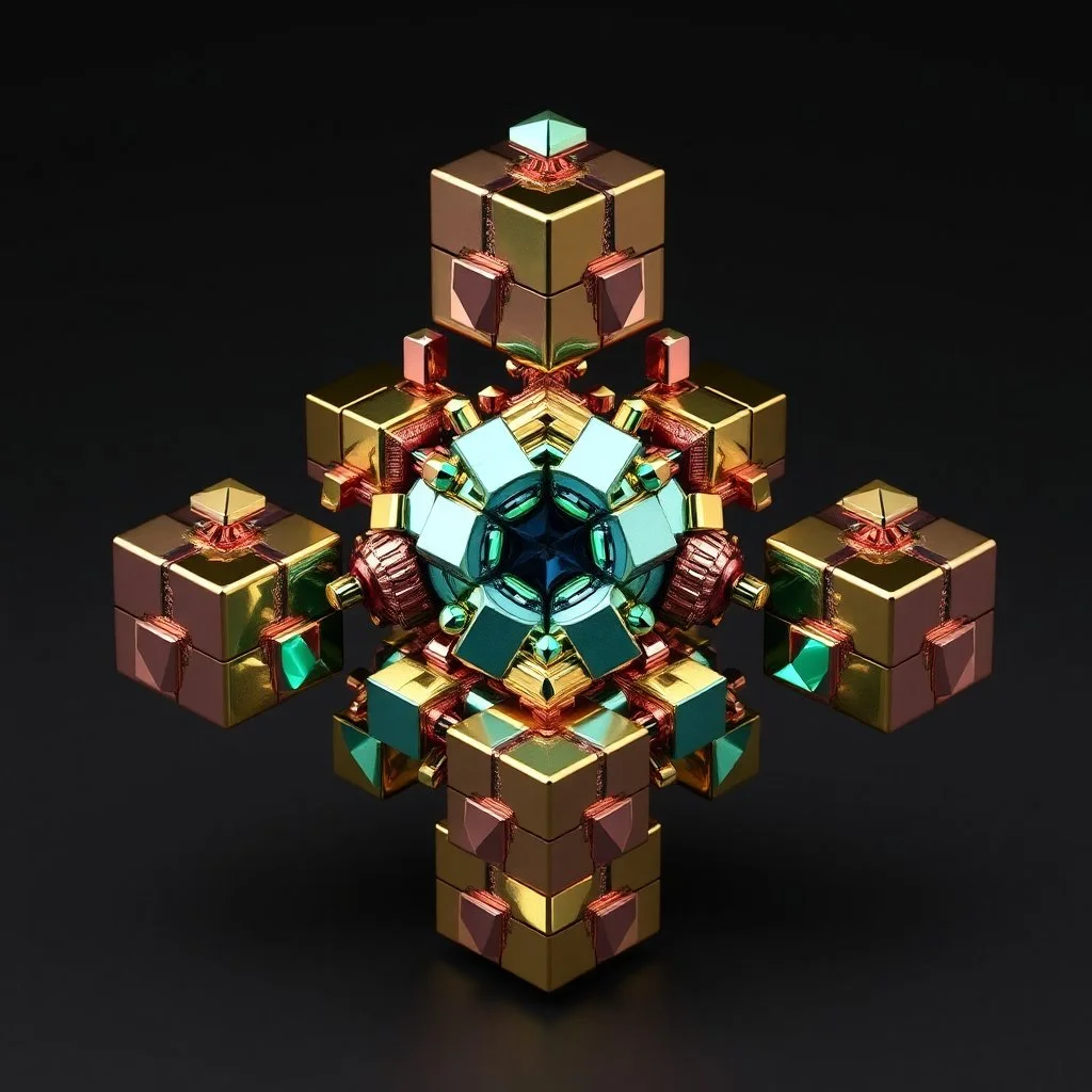a julia set 3d fractal made of small metallic random color cubes